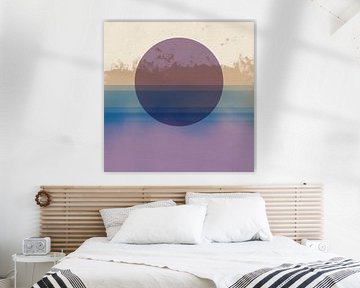 Abstract landschap. Zonsondergang in lila, blauw, beige, wit. van Dina Dankers