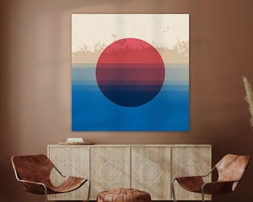 Minimalistische abstrakte Sonne und Himmel in gedämpften Tönen. Rot, blau, beige, weiß