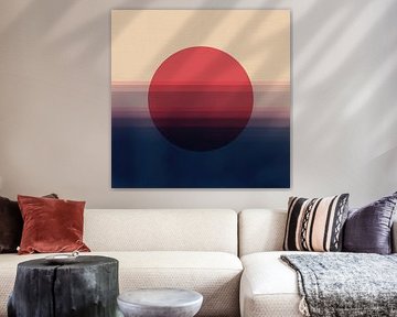 Minimalistische Landschaft mit Sonnenform in rot und marineblau