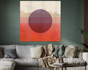 Abstrakte Landschaft. Sonnenuntergang in Neonkoralle, dunklem Lila, Beige und Blau