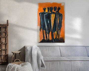 Donkere mensen | Donkere figuren in oranje achtergrond van Kunst Kriebels