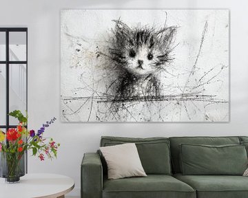Zwart-Wit Kunst print – Schattige Kitten in Schetsstijl van Peter Pen tekeningen en schilderijen
