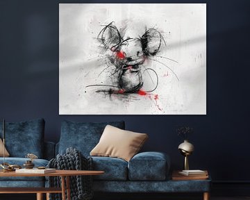 Expressieve abstracte muis tekening – moderne street art in zwart en rood van Peter Pen tekeningen en schilderijen