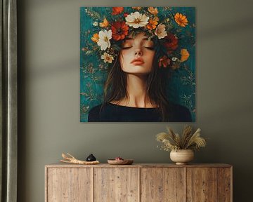 Weibliches Porträt | Junge Frau Blumenschmuck von Blickfänger Gemälde