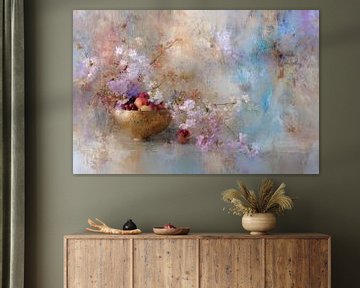 Nature morte, fruits et fleurs dans des tons pastel doux, rêveuse et romantique sur Joriali photographie et peintures