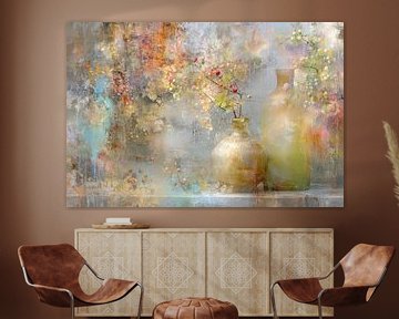 Peinture abstraite avec vases et baies, composition en couleurs douces, poétique et rêveuse sur Joriali photographie et peintures