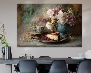 Nature morte atmosphérique avec gâteau, fleurs et détails vintage sur Joriali photographie et peintures