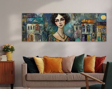 Vrouw met gebouwen en maan van Abstract Schilderij