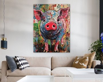 Zomer Varken Met Kleur | Gekleurd Varken Portret van Abstract Schilderij