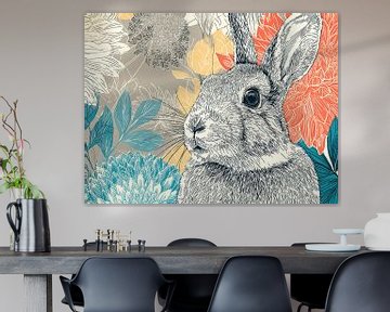 Konijn Bloemen | Vrolijk Konijn en Kleurrijke Bloemen van Abstract Schilderij