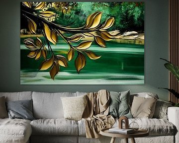 Golden leaves over green river