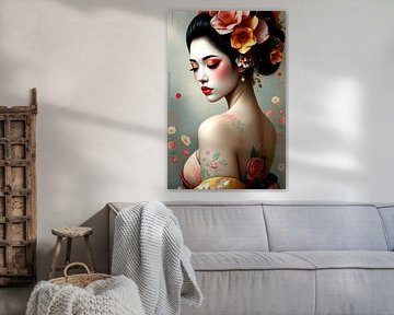 peinture Geisha avec des fleurs sur Egon Zitter