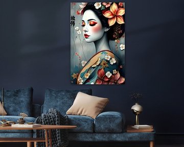 painting Geisha with flowers