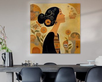 Vrouw met Gele Bloem | Abstract Vrouw en Bloemen van Kunst Kriebels