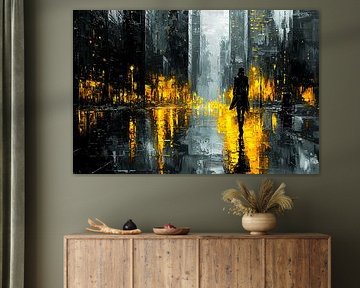 Regenachtige stad met lantaarns van Art & Soul Creations