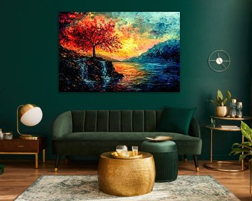 Baum bei Sonnenuntergang Wasserfall von Imperial Art House