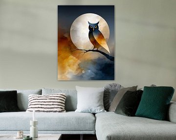 Owl Silhouette with Gold Eyes Under Moon Graphic Wall Art by Beeld Creaties Ed Steenhoek | Photography and Artificial Images