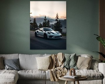 Porsche 911 GT3 RS Weiß-schwarze Streifen Neblige Berge von MIROKKU