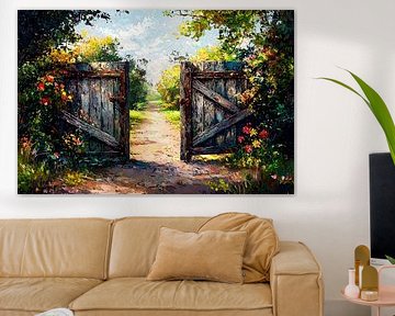 Wooden garden gate in bloom