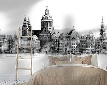 Amsterdam Skyline in Schwarz-Weiß Spiegelung