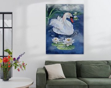 Cygne avec nénuphars peinture à l'huile sur Geertje Burgers