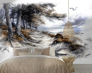 sandy path with visible tree roots. Conifers in the sand with heather overgrowth, to the sea. by Harry Stok