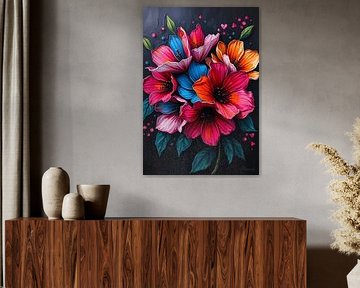 Lebendige abstrakte Blumensymphonie: Ein texturiertes Meisterwerk in kräftigen Farben von Artistic