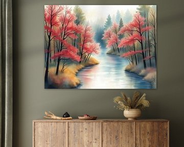 Paysage de rivière d'automne serein - Arbres rouges vibrants et forêt brumeuse Impression sur toile