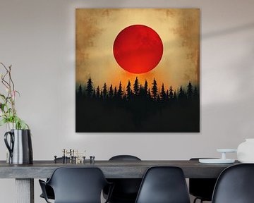 De bloedmaan komt op: Een minimalistisch bos-silhouet tegen een karmijnrode hemel van Artistic