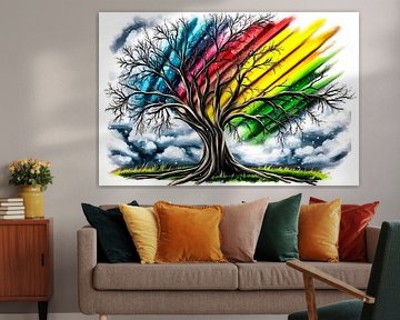 Tree with rainbow colours and sky