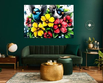 Colourful flowers and birds