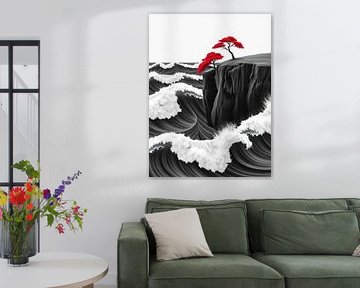 Karmesinrote Unverwüstlichkeit: Monochromer Ozean und rote Bäume am Rande einer Klippe - Abstrakter minimalistischer Kontrast Kunstdruck von Artistic