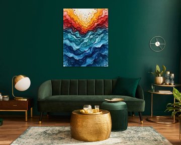 Convergence cramoisie et azur : Une représentation en aquarelle des vagues flamboyantes du coucher de soleil rencontrant les profondeurs de l'océan