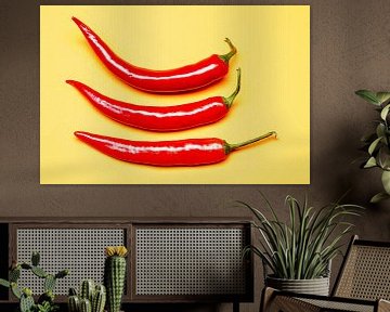 Rote Chilischoten auf gelber Fläche von Alexander Baumann