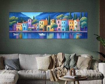 Mediterraanse Kustlijn | Serene Waterscape van Abstract Schilderij