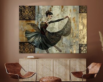 Golden Dance Silhouette van Abstract Schilderij