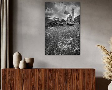 Maria Schnee pilgrimage church and old farmhouses in Obermauern, East Tyrol
