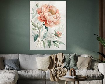 Tauchen Sie Ihr Zuhause in die sanfte Schönheit der Natur mit diesem exquisiten Aquarellbild ein, das eine prächtige, vollblühende Pfingstrose in sanften Rot- und Pfirsichtönen zeigt. Jedes einzelne Blütenblatt ist zart und feinfühlig gemalt, so dass ein warmes, einladendes Licht entsteht. Begleitet wird die Hauptblüte von anmutig dargestellten Knospen, die zukünftige Schönheit versprechen, und grünen Blättern, die Tiefe und organische Harmonie verleihen. Dieses originelle Kunstwerk, das jedem Raum einen Hauch von raffinierter Ruhe verleiht, fängt den flüchtigen Charme eines Gartens in voller Pracht ein. Ideal für Wohn- und Schlafzimmer, Kinderzimmer oder als Geschenk für Liebhaber floraler Kunst und botanischer Illustrationen. Gedruckt auf hochwertigem Archivpapier, das über Jahre hinweg für anhaltende Lebendigkeit und Schönheit sorgt. von Artistic