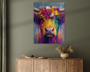 Bloemenkracht – Kleurrijk Portret van een Schotse Hooglander van But First Framing