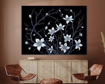Floraison éthérée de minuit : Un scintillement de fleurs blanches sur des branches sombres