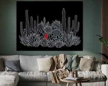 Fleur cramoisie dans la nuit du désert : Jardin de cactus monochromatique avec un cœur rouge frappant