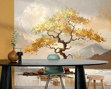 Japandi Art. Japans ZEN landschap met gouden bloesem van Studio Pieternel