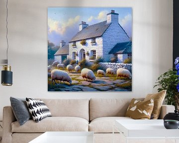 Maison de campagne irlandaise avec des moutons qui paissent sur A.D. Digital ART