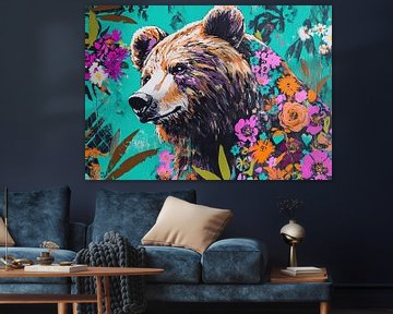 Moderne Beer met Kleurrijke Bloemen van OMG Art