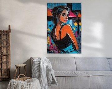 Australië Vrouwenportret | Elegante Vrouw met Kleurrijke Achtergrond van Abstract Schilderij