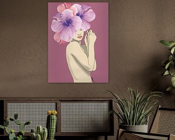 Hibiscus Disruption – Feminine Nude Wall Art, Modern Line Drawing with Pink Floral Head, Digital Print for Bold Interiors, by Chrz - AquaPixelFusion