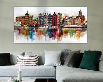 Vue colorée de la ville d'Amsterdam au bord de l'eau