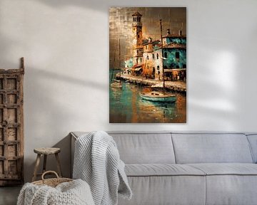 Impressionistisches Küstendorf mit Segelbooten und lebendigen Gebäuden von Ljupka Kareska