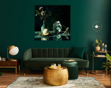 Classic modern still life with flowers in green