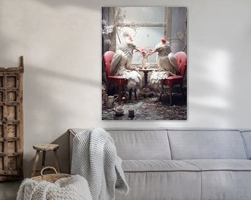 Shabby chic anthropomorphic pair of white birds conversation table sitting surreal by gm_designs
